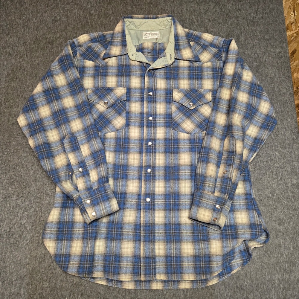 Vintage Pendleton Western Shirt Mens XL Blue Plaid Pearl Snap Wool Flannel